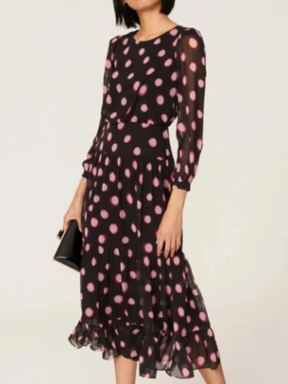 Saloni Isabel Black Purple Polka Dot 100% Silk Ruffle Midi Dress, Size 2